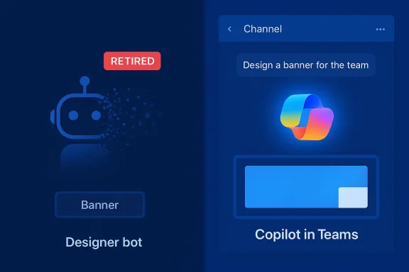 A retired designer bot on the left and a Copilot in Teams design card on the right.