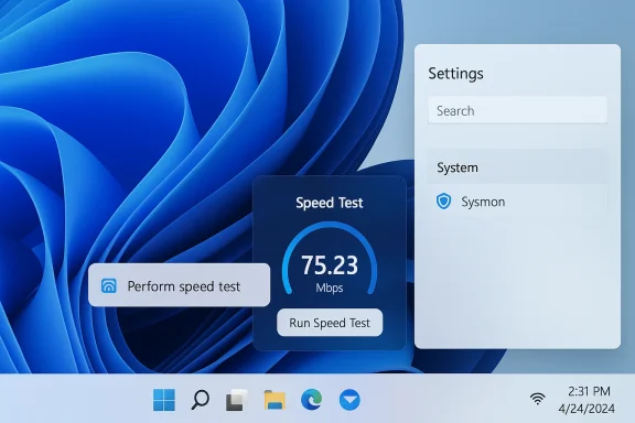 Windows-like desktop with a blue abstract wallpaper, a speed-test card showing 75.23 Mbps, and a Settings panel.