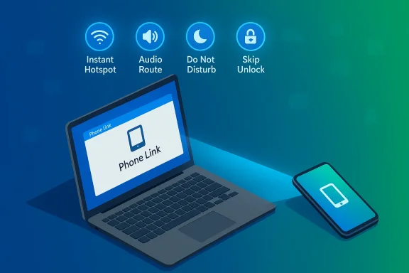 Laptop and smartphone connected via Phone Link, with blue glowing icons in the background.