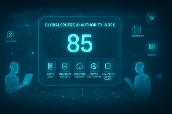 GlobalSphere AI Authority Index shows 85 with five metric icons.