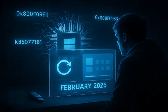 A person examines a glowing blue holographic UI with a Windows chip, circuit traces, and February 2026.