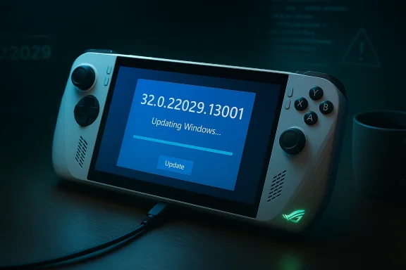A handheld gaming console shows a Windows update progress on its screen.