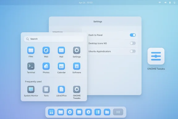 A blue, glassy GNOME desktop with floating settings window, search panel, and GNOME Tweaks icon.