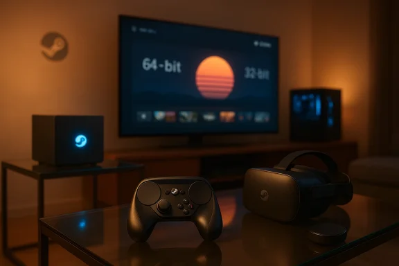 Cozy gaming setup featuring a VR headset, Steam controller, and a glowing PC beside a large TV.