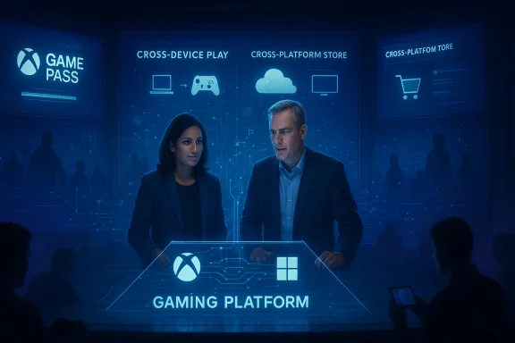 Two executives unveil a futuristic gaming platform on a glowing high-tech stage.