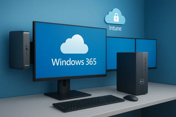 Windows 365 desktop setup on a Dell PC, with an Intune cloud logo on a blue wall.