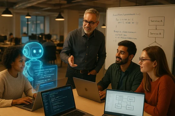 Team of four collaborates around laptops as a blue holographic robot displays code. Team of four collaborates around laptops as a blue holographic robot displays code.