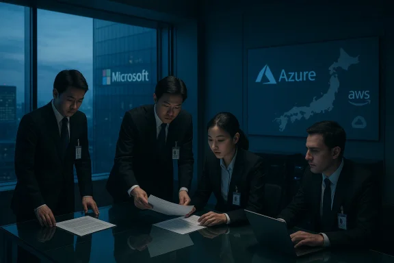 Four suited professionals review documents in a blue-toned tech office with Azure and AWS branding. Four suited professionals review documents in a blue-toned tech office with Azure and AWS branding.
