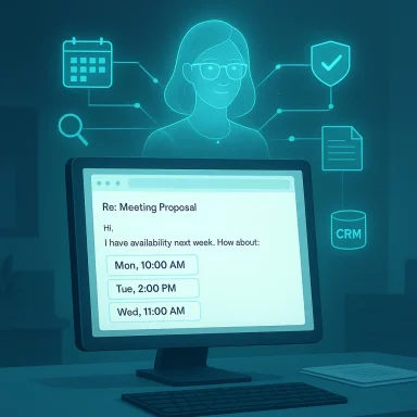 A computer screen displays a meeting proposal with available times, amid holographic workflow icons.