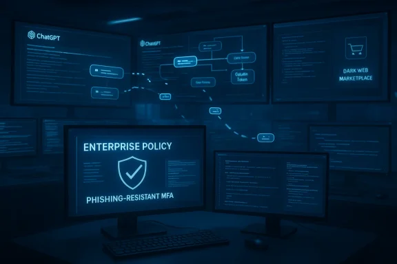 Blue-tinted security command center displaying enterprise policy and phishing-resistant MFA.