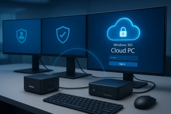 Blue-toned desk setup shows Windows 365 Cloud PC login on a monitor with security icons.