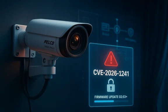 Security camera displays a holographic alert about CVE-2026-1241 and a firmware update.