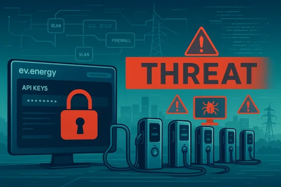 Cybersecurity threat to energy and EV charging infrastructure, shown as a locked API key and warning signs.