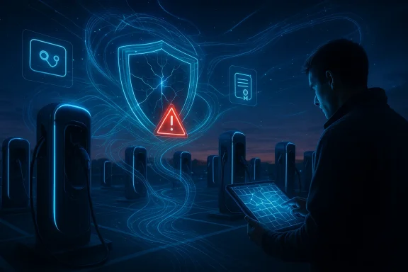 A man uses a tablet to monitor futuristic EV charging stations at night, surrounded by glowing security shields.