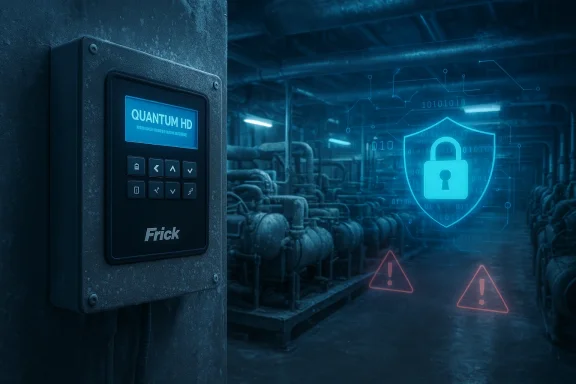 Industrial plant corridor with a rugged security keypad and a blue holographic shield.