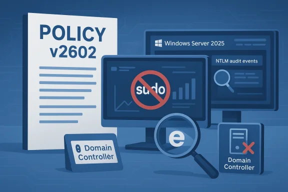 Policy V2602 document with Windows Server 2025 screens, domain controllers, and a no-sudo symbol.