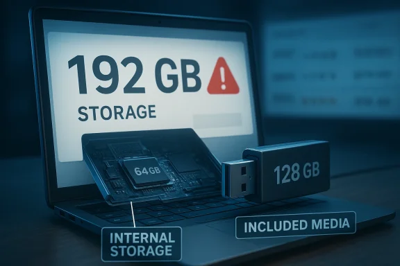 Laptop shows a 192 GB storage warning with 64 GB microSD and 128 GB USB drive.