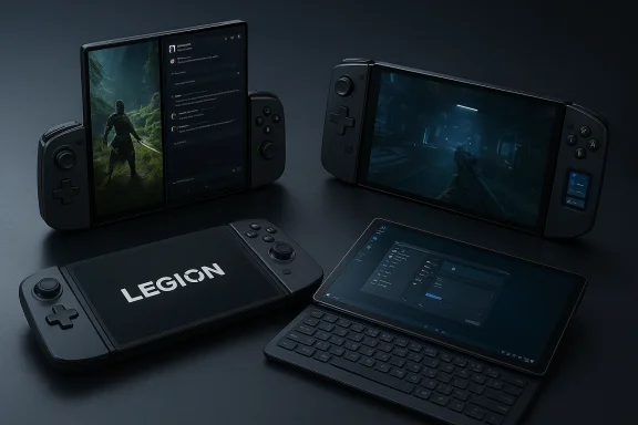 A futuristic gaming setup with four Legion handheld consoles around a keyboard-equipped laptop.
