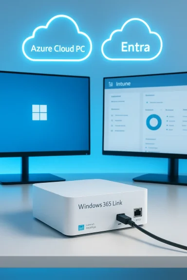 Windows 365 Link device on a desk with two monitors displaying Azure Cloud PC and Entra cloud logos.