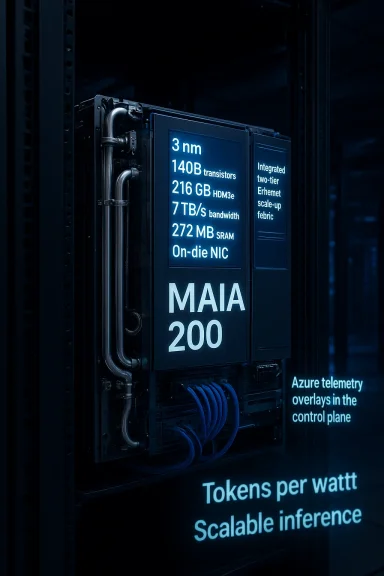 MAIA 200 server module with blue-lit specs on a data-center rack.