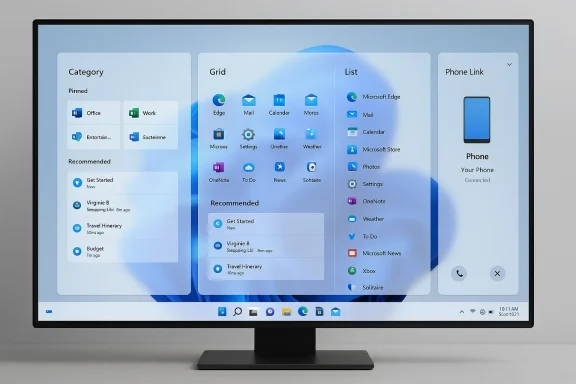 A computer monitor displaying a Windows-like dashboard with Category, Grid, List panels and a Phone Link section.