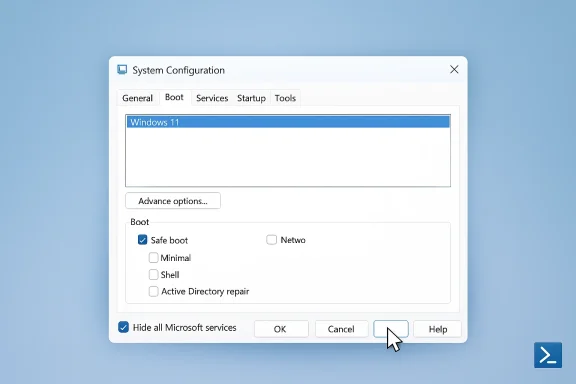 Windows 11 is selected in System Configuration Boot tab with Safe Boot enabled.