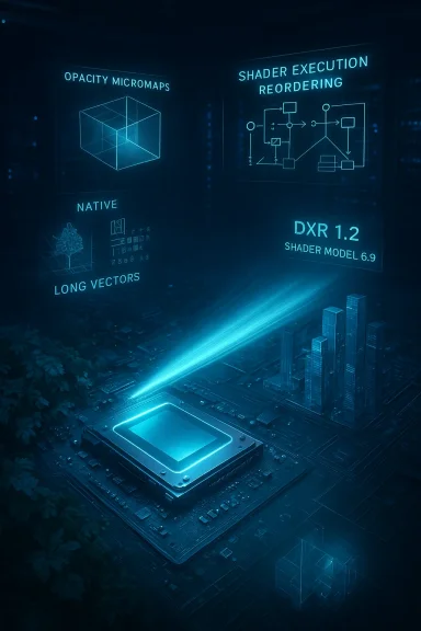 Blue holographic diagrams float above a GPU chip, illustrating shader tech and DXR.