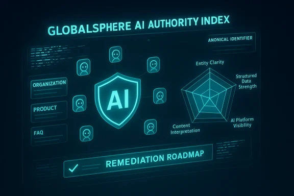 Neon-blue dashboard labeled GlobalSphere AI Authority Index, featuring an AI shield and radar-style metrics.