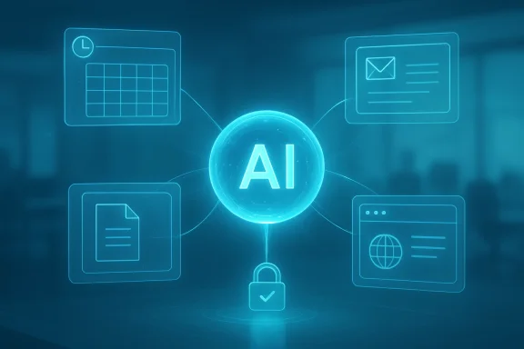AI hub linking calendars, emails, documents, and web content with security.