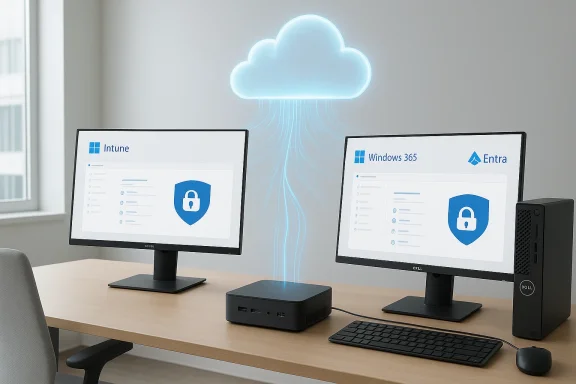 Two monitors display cloud-based enterprise security with Intune, Windows 365, and Entra, under a glowing cloud.