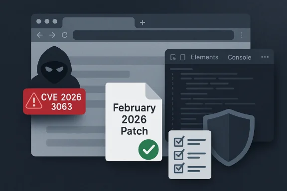 Hacker silhouette with CVE 2026-3063 alert, February 2026 patch, and a security checklist.