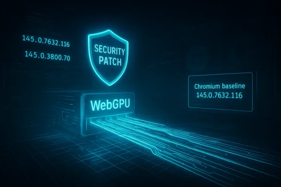 Blue neon cyber-security scene with a shield labeled Security Patch over WebGPU data lines.