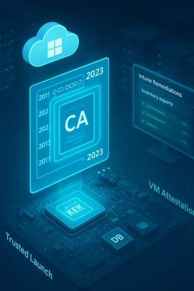 A blue-tinted data center scene with a cloud icon, CA chip, and VM Attestation label. A blue-tinted data center scene with a cloud icon, CA chip, and VM Attestation label.