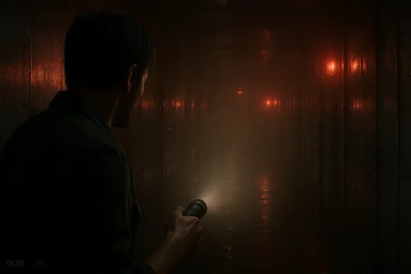 A man in a dark corridor shines a flashlight into a foggy, red-lit hallway.