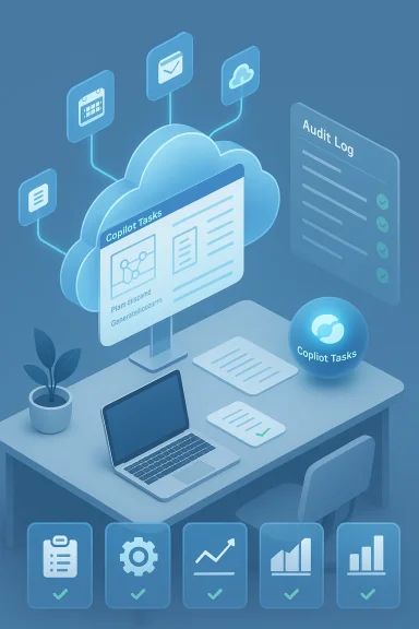 Cloud dashboard with Copilot Tasks, connected apps, audit log, and a laptop desk setup.