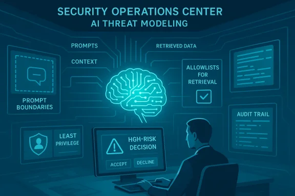 A security operations center uses AI-driven threat modeling with a brain schematic and dashboards.