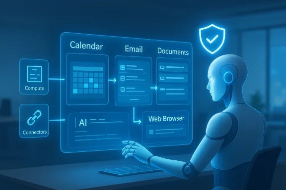 Robot uses a holographic dashboard to manage calendar, email, documents, and web browser.