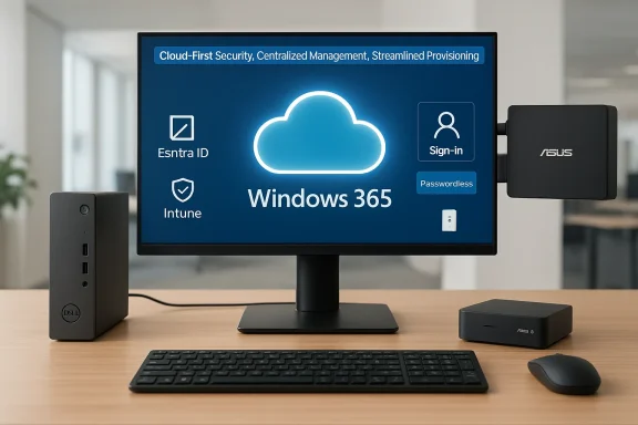 Desk setup showing Windows 365 cloud on the monitor, with a Dell mini PC and ASUS peripherals.