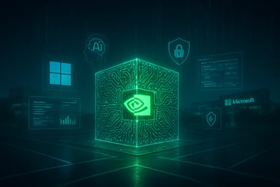 Glowing neon cube with circuit patterns and the Nvidia eye, flanked by AI and security icons.
