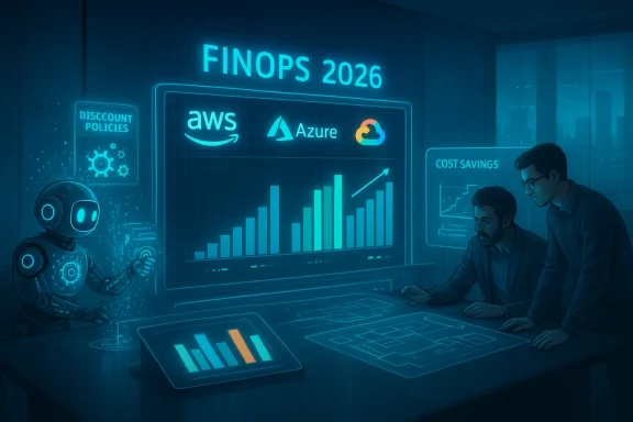 FinOps 2026: a robot and two analysts review cloud-cost charts.