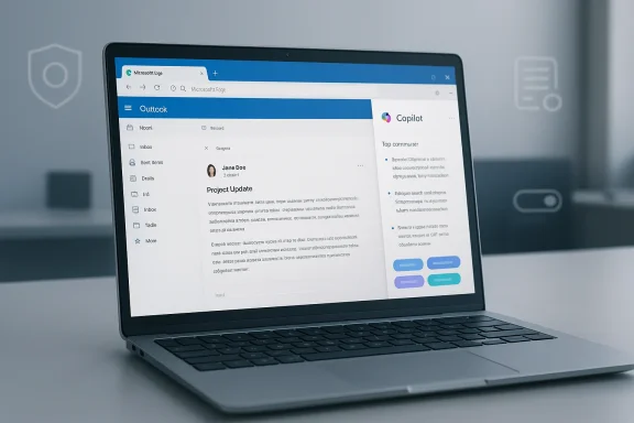 Laptop displaying the Outlook web app with a Copilot panel on the side.