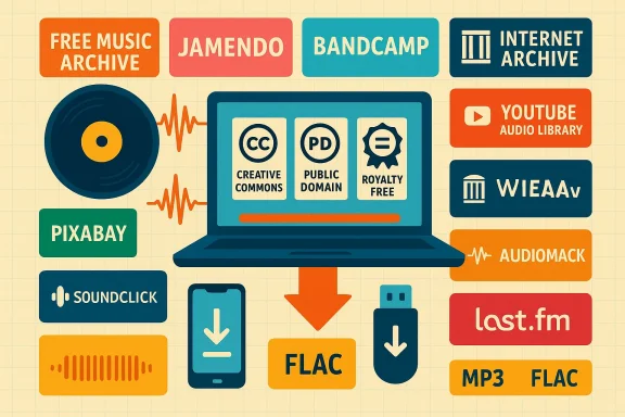 Colorful retro infographic of music sources and licenses around a central laptop.