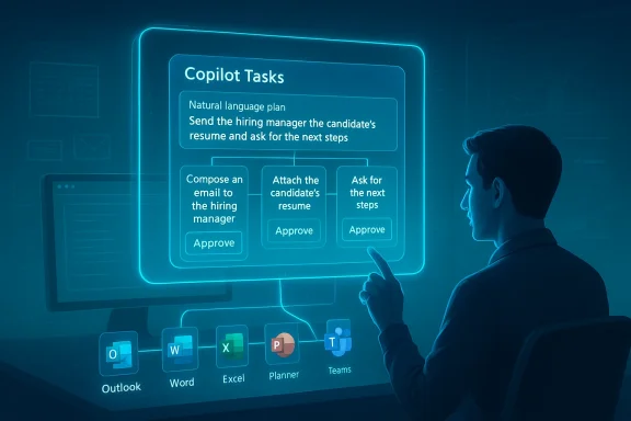 Person uses a holographic screen showing Copilot Tasks for hiring with app icons.