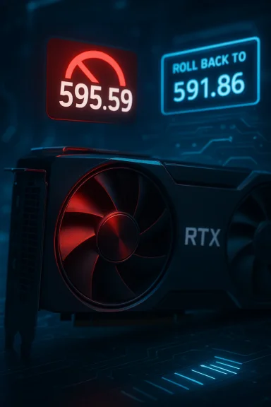 Neon-lit RTX graphics card with a red gauge and blue “Roll Back To” display showing 595.59 and 591.86. Neon-lit RTX graphics card with a red gauge and blue “Roll Back To” display showing 595.59 and 591.86.