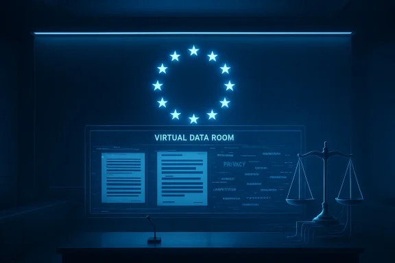 Blue-lit virtual data room with a circle of EU stars, documents, and scales of justice.