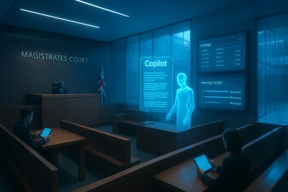 Blue-lit magistrates court featuring a holographic Copilot beside the judge's bench.