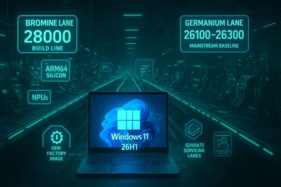 A Windows 11 laptop in a neon-lit, futuristic chip factory with glowing lane signs.