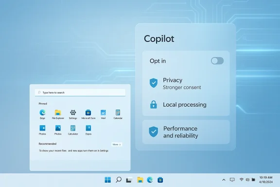 A futuristic blue UI featuring Copilot with privacy, local processing, and performance options.