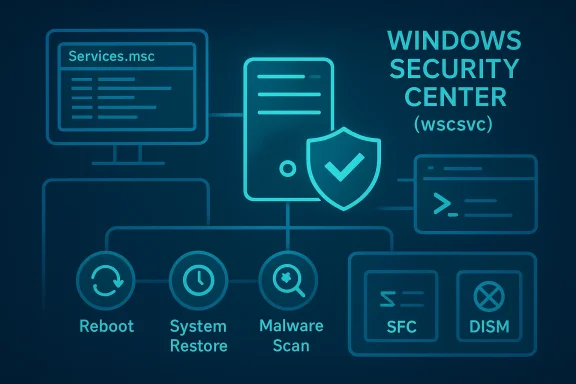 Blueprint-style diagram of Windows Security Center showing Reboot, System Restore, Malware Scan, SFC, and DISM.