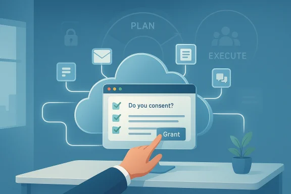 Person taps Grant on a cloud-based consent form amid planning icons and a desk plant.